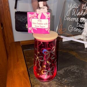 Pink Glass Tumbler with Straw Topper